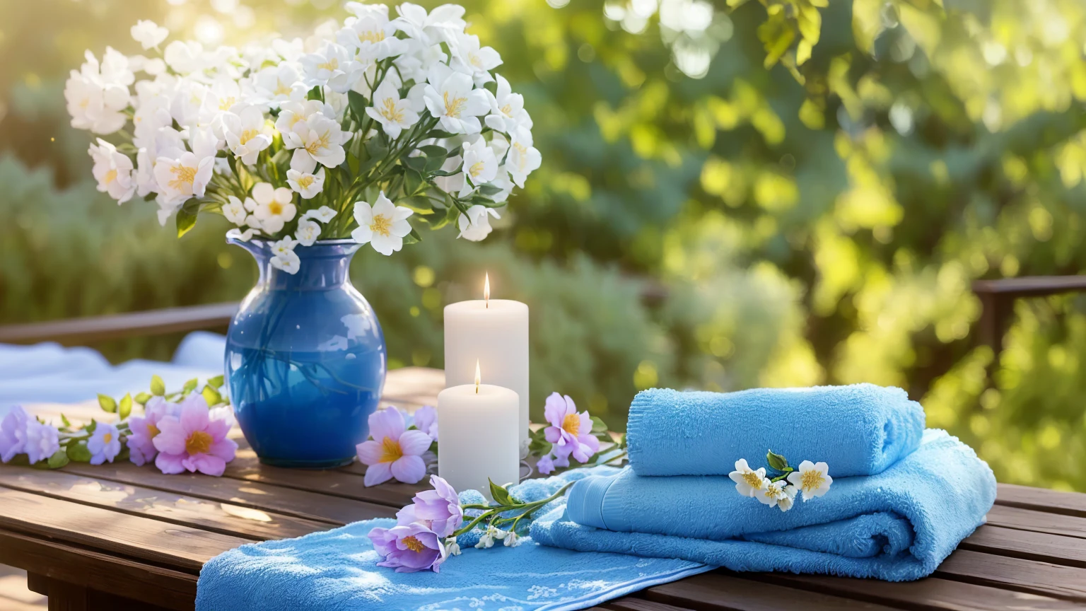 There are two blue towels on the table with flowers and candles, Sunny morning light, Relaxed atmosphere, Summer setting, Romantic atmosphere, summer morning light, Peaceful atmosphere, radiant morning light, Summer Afternoon, relaxed mood, Beautiful atmosphere, 穏やかなNight atmosphere, Night atmosphere, Peaceful atmosphere, Relaxing environment, Romantic atmosphere, Soft morning light, Blue soft details、8K