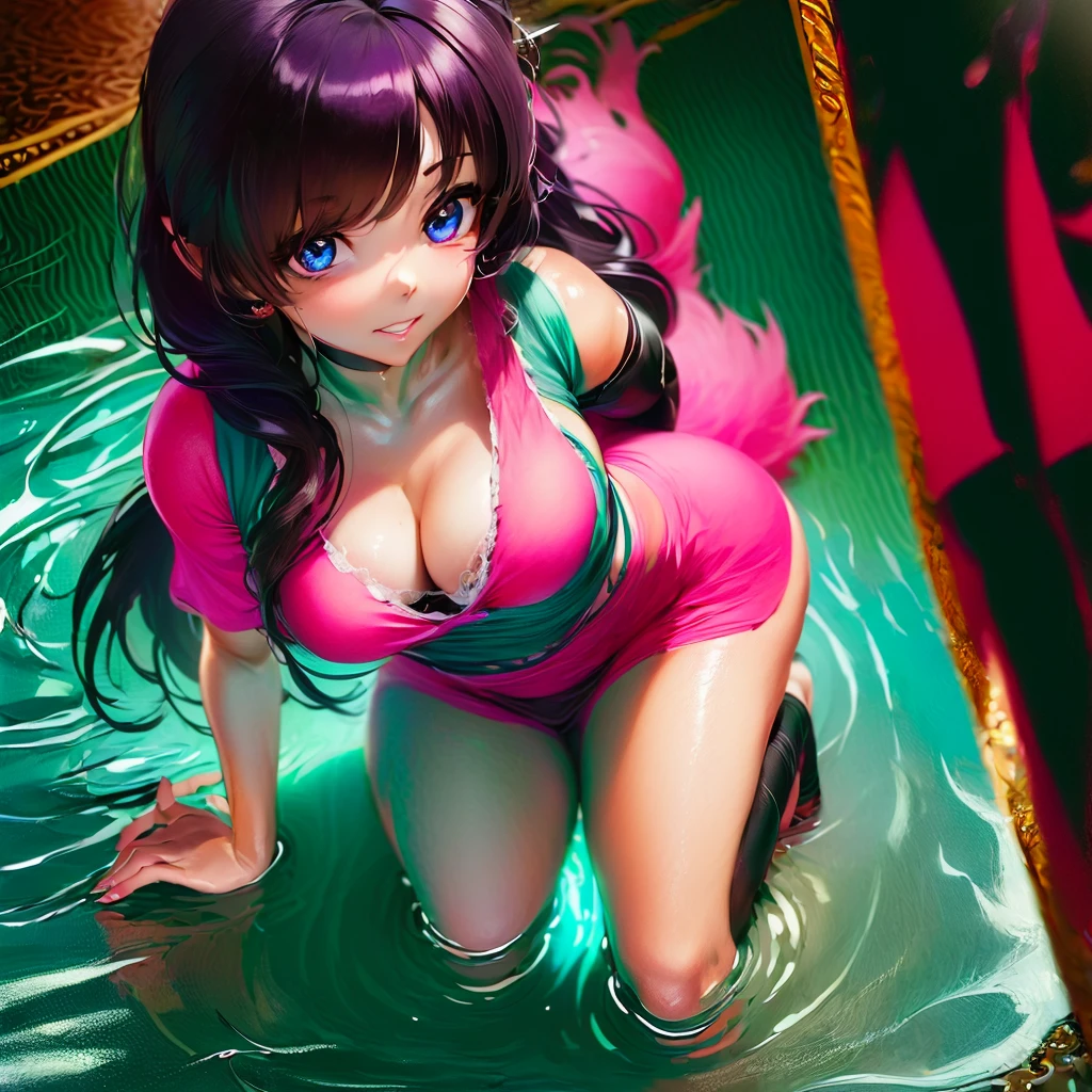 anime girl wearing pink wet clothes,
