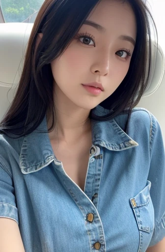 28-year-old Japanese woman。Plump。eyes are big and droopy。Hair is semi-long。Gazing at each other。Her chest is a C cup。Clothes are white camisoles。Denim shorts underneath。Focus on people。Riding the viewing sy。