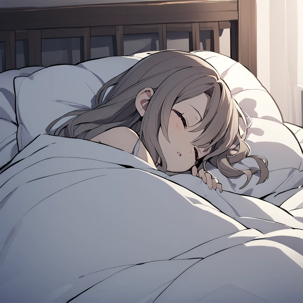 Mitsuri, she is sleeping in her bed without sheets, she sleeps on her side