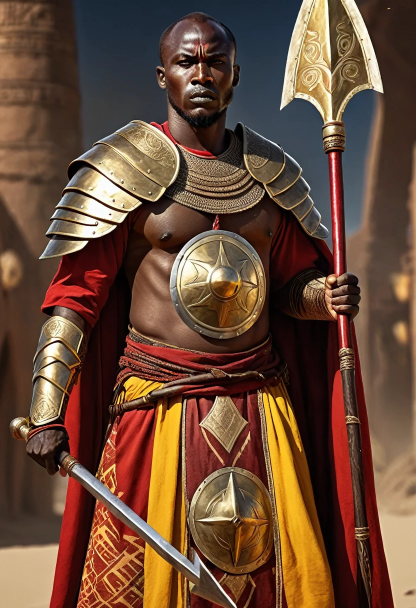 a powerful african warrior, wearing long red and yellow north african robes, holding a spear in one hand and a shield with a banner in the other, best quality, perfect anatomy, detailed facial features, cinematic lighting, dramatic pose, epic fantasy, digital art, intricate details, high resolution, photorealistic, ultra detailed, safe for work content