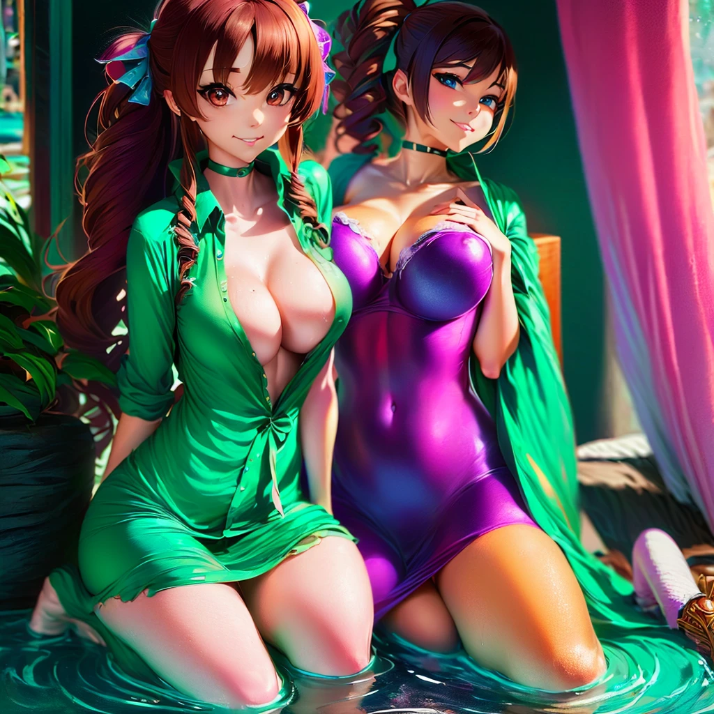 anime girl wearing pink wet clothes,
