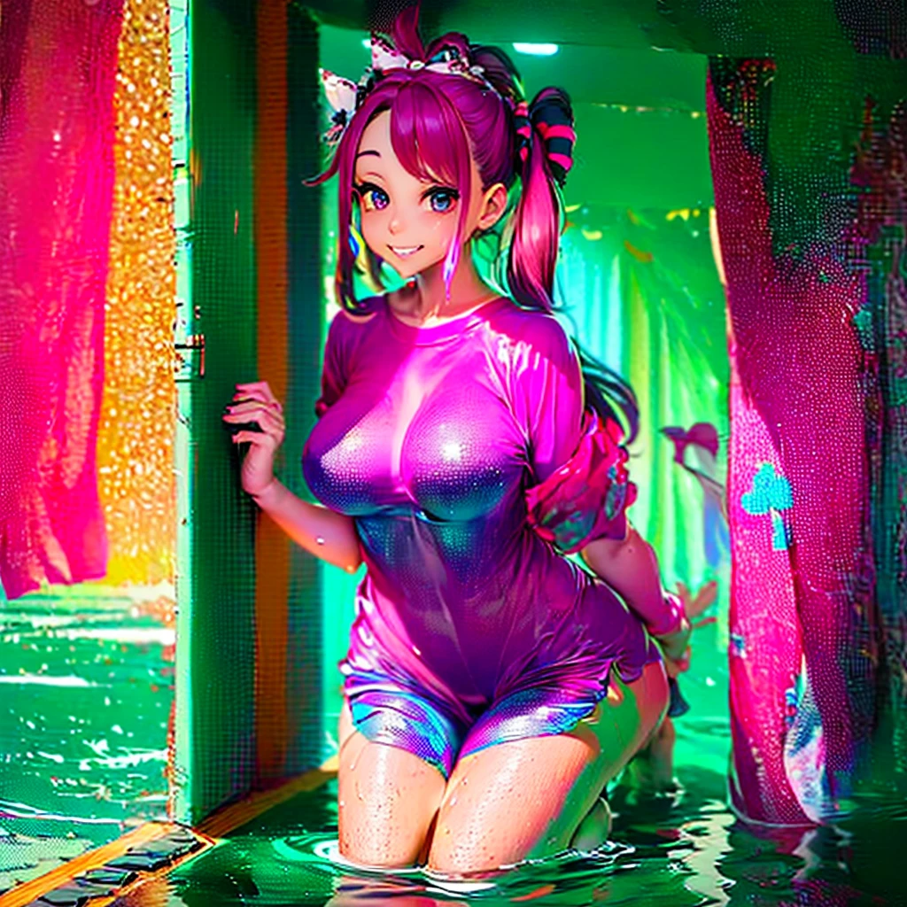 anime girl wearing pink wet clothes,