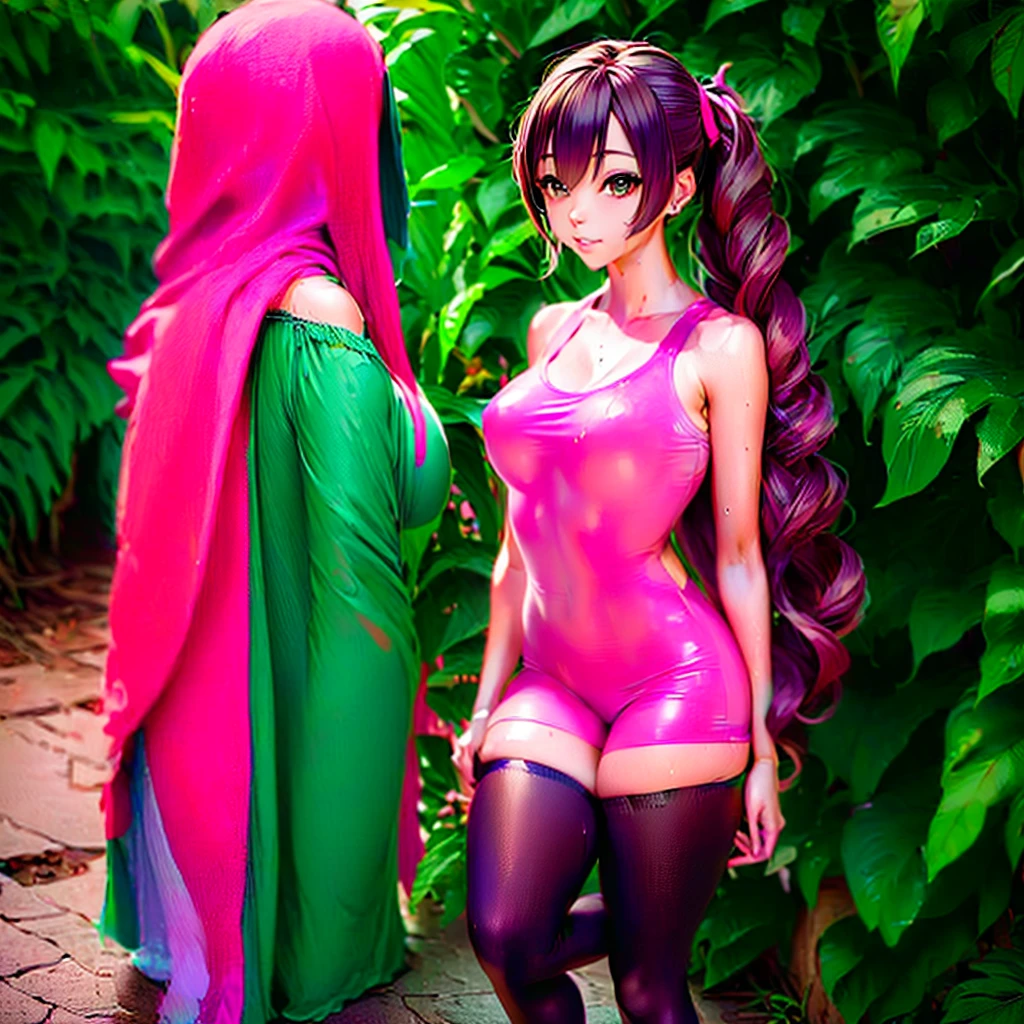 anime girl wearing pink wet clothes,