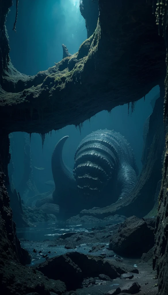 There is a huge monster in the deep sea abyss，Lovecraftian gods。Lovecraft atmosphere，Lovecraftian background，Lovecraft atmosphere。Realistic style