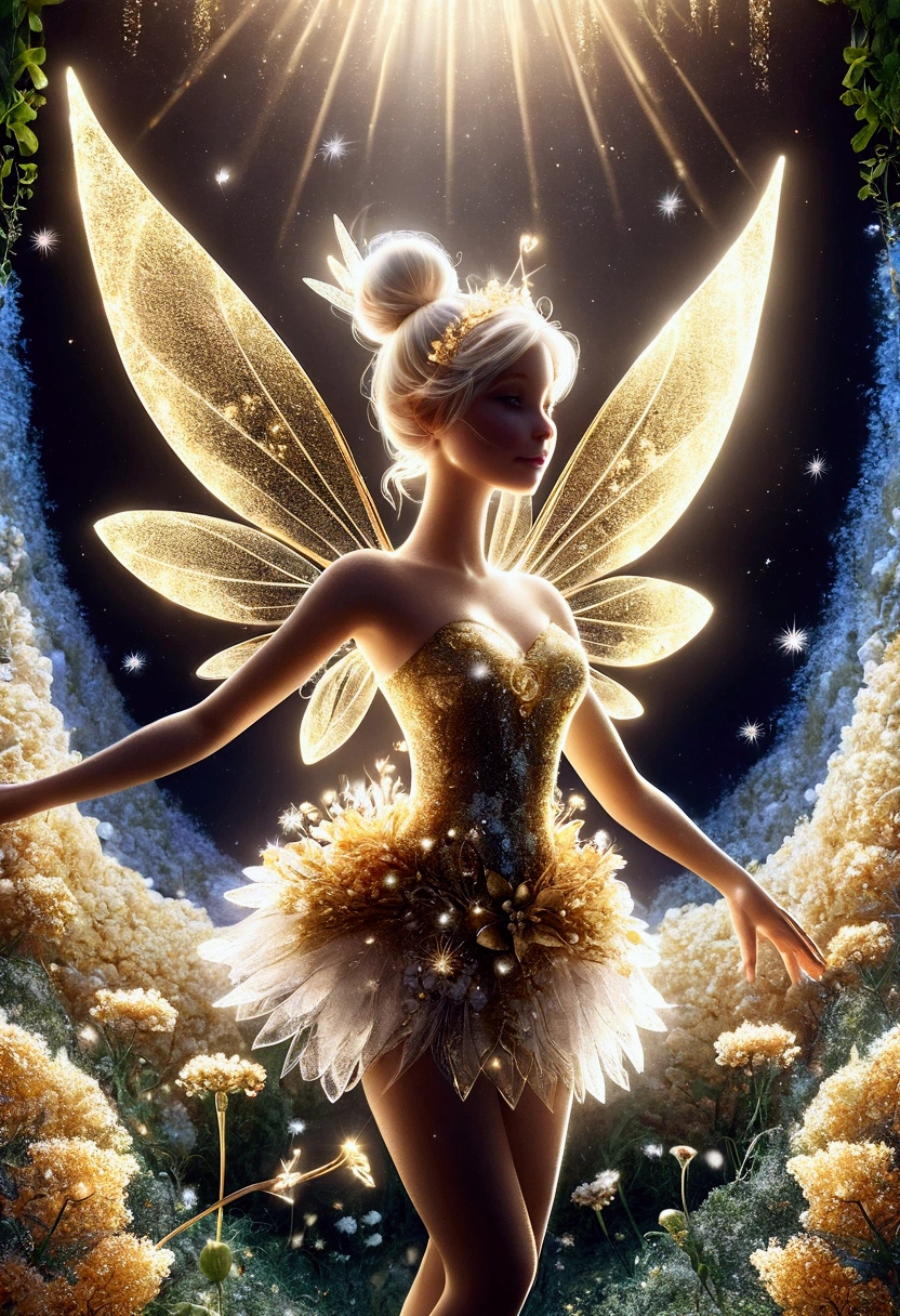 ( bright resolution, A refreshing morning on a clear day, Tinkerbell made of gold_Upper body close-up angle ), A variety of small flowers and plants made of light, Ultrafine particles shining in the air_Mysterious background with small particles of natural light emitting light, ultra high resolution, 8k, Very detailed details, Product detailed image, surreal photo, the greatest masterpiece:1.2, A shining aura spreading in the air,