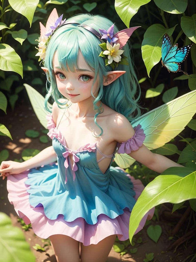 cute little Fairy, blue butterfly, yellowgreen hair, pink eyes, dress pointy ears dress made of petals leaves Leaning forward Leaf fairy Dress made of leaves Leaf Flower Flower crown Thin wings Smiling gently Large leaf