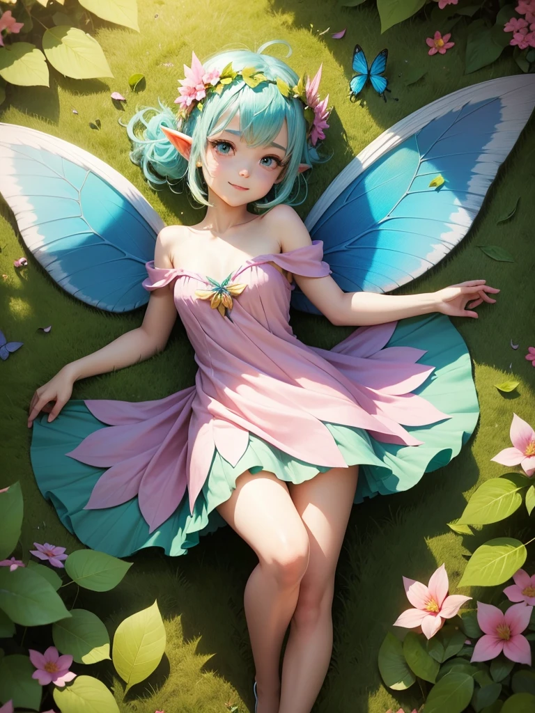 cute little Fairy, blue butterfly, yellowgreen hair, pink eyes, dress pointy ears dress made of petals leaves Leaning forward Leaf fairy Dress made of leaves Leaf Flower Flower crown Thin wings Smiling gently Large leaf