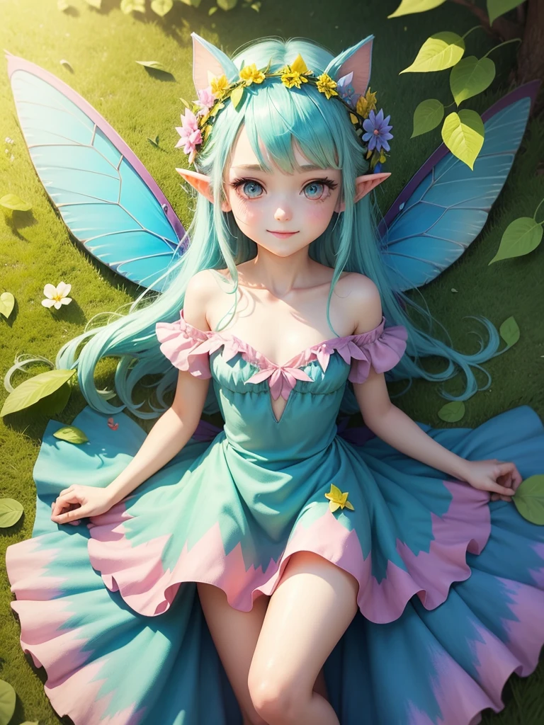cute little Fairy, blue butterfly, yellowgreen hair, pink eyes, dress pointy ears dress made of petals leaves Leaning forward Leaf fairy Dress made of leaves Leaf Flower Flower crown Thin wings Smiling gently Large leaf