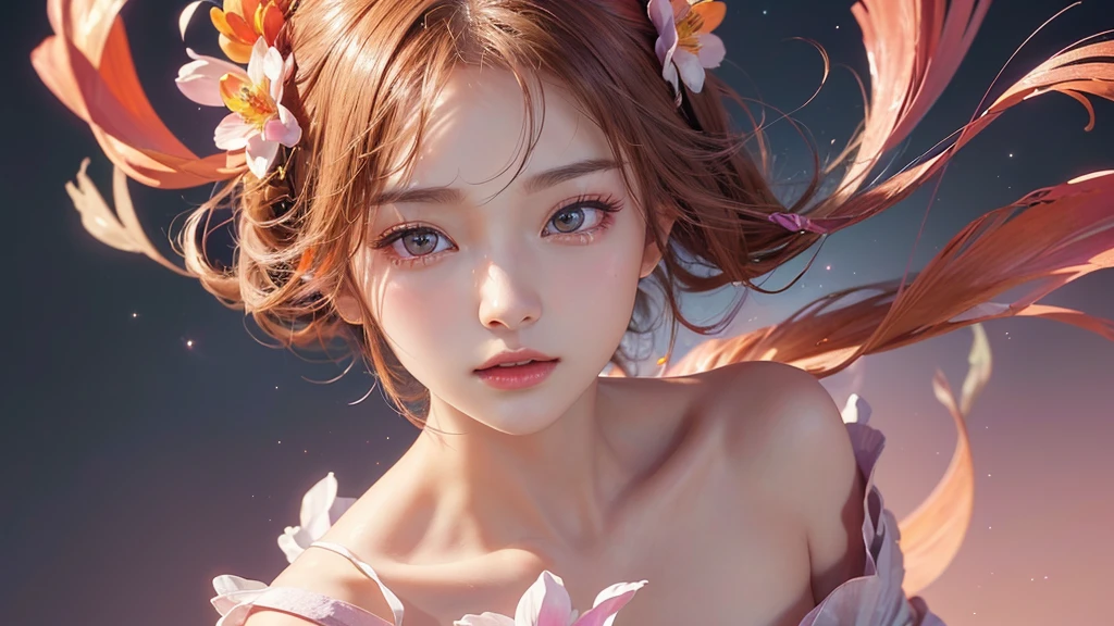 One girl, alone, flower畑, flower, (Official Art, unity 8k wallpaper, Super detailed, beautifully、aesthetic, masterpiece ,Highest quality:1.3), (Dynamic Angle:1.2), (Floating colorful sparkles:1) , elegant, Vibrant colors, Highly detailed face, Detailed eyes, Glowing Skin, Glossy Lips , Pale Orange Background,