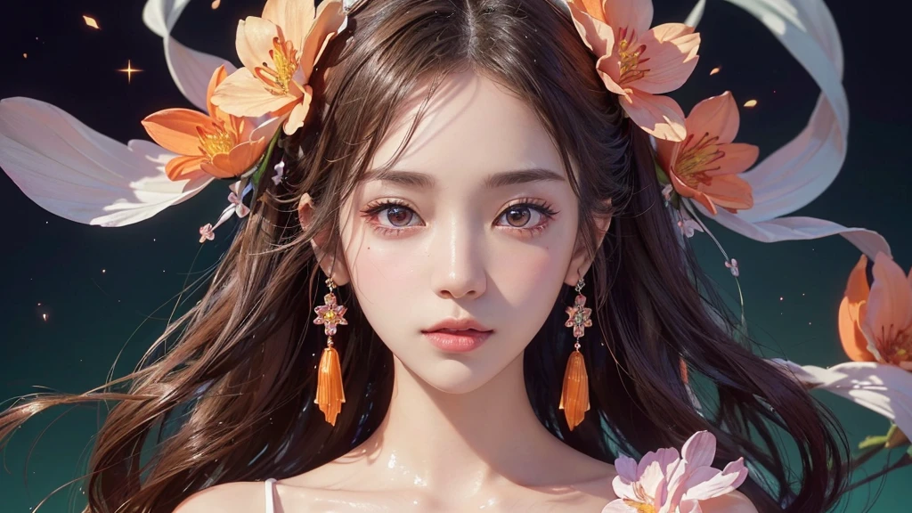One girl, alone, flower畑, flower, (Official Art, unity 8k wallpaper, Super detailed, beautifully、aesthetic, masterpiece ,Highest quality:1.3), (Dynamic Angle:1.2), (Floating colorful sparkles:1) , elegant, Vibrant colors, Highly detailed face, Detailed eyes, Glowing Skin, Glossy Lips , Pale Orange Background,