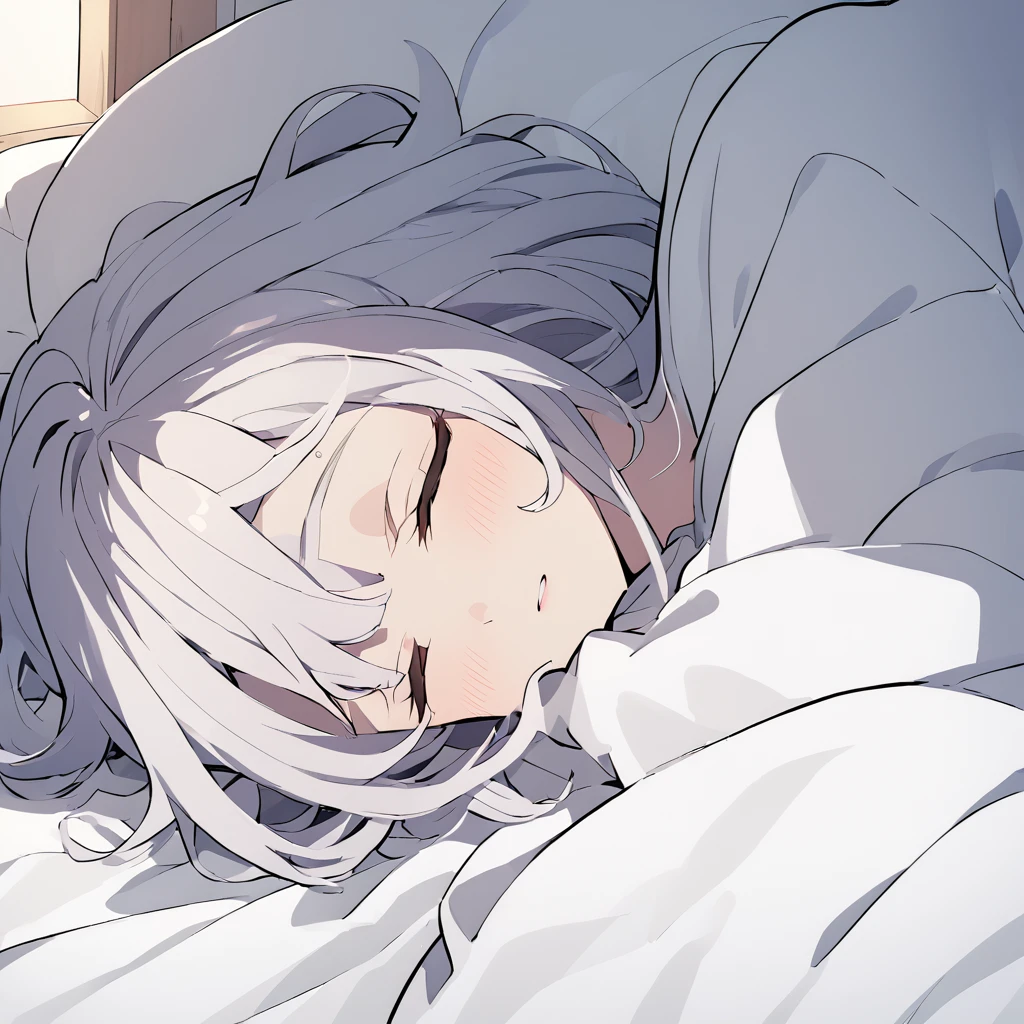 she is sleeping in her bed without sheets, she sleeps on her side