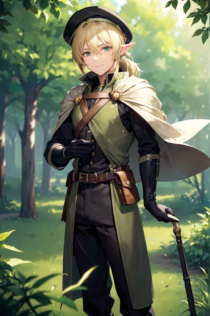 (((masterpiece; best quality: 1.2))), (finely detailed eyes: 1.3), (25 year old elf man), (solo), (green eyes: 1.4), (body; toned, fit, masculine: 1.3), (silky blonde hair in low ponytail: 1.3), (beautiful and clear background: 1.2), ((depth of field)), (equipment: adventurer garb + modest + elegant slim fedora + dark overcoat + dark long cape + black pants + gloves + belt + pouches: 1.3), (anime illustration: 1.2), (background composition; royal garden: 1.1), (extremely fine and handsome: 1.1), (shot composition; standing + centered on torso + close-up: 1.5), (expression; calm, smile: 1.2)