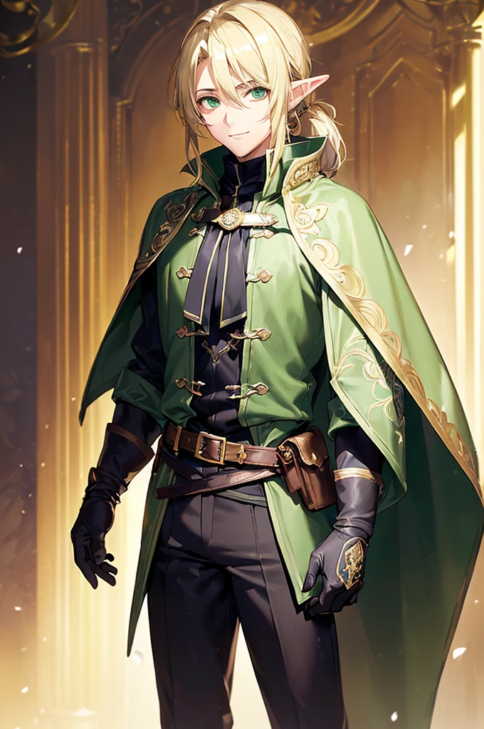 (((masterpiece; best quality: 1.2))), (finely detailed eyes: 1.3), (25 year old elf man), (solo), (green eyes: 1.4), (body; toned, fit, masculine: 1.3), (silky blonde hair in low ponytail: 1.3), (beautiful and clear background: 1.2), ((depth of field)), (equipment: adventurer garb + modest + elegant slim fedora + dark overcoat + dark long cape + black pants + gloves + belt + pouches: 1.3), (anime illustration: 1.2), (background composition; royal garden: 1.1), (extremely fine and handsome: 1.1), (shot composition; standing + centered on torso + close-up: 1.5), (expression; calm, smile: 1.2)