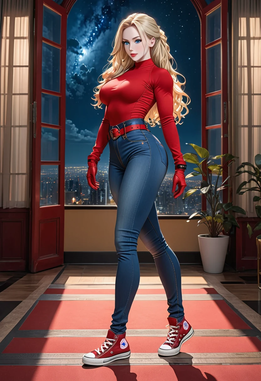 BOMBSHELL BLONDE WOMAN, WARRIOR FEMALE ON BLUE JEANS JUMPSUIT, VERY PALE SKIN, BLUE EYES, HIGH CHEEKBONES, ROSY CHEEKS, MENTAL FORAMEN, HUGE LONG BLONDE HAIR, DREAD HAIRSTYLE, LONG JEANS DREADS ON LONG BLONDE HAIR, THONG LEOTARD, RED LONG SLEEVES SHIRT, JEANS BODYSUIT, NECK BODYSUIT, RED GLOVES, RED BELT, GOLD BUCKLE, RED CONVERSE ALL STAR SHOES, ATHLETIC CURVY BODY, DETAILED QUADRICEPS, THICK THIGHS, MUSCLES, SIDE BODY VIEW, FULL BODY PERSPECTIVE, DARK HALL, HUGE WINDOWS, NIGHT SKY, ACCURATE IMAGE, MASTERPIECE.