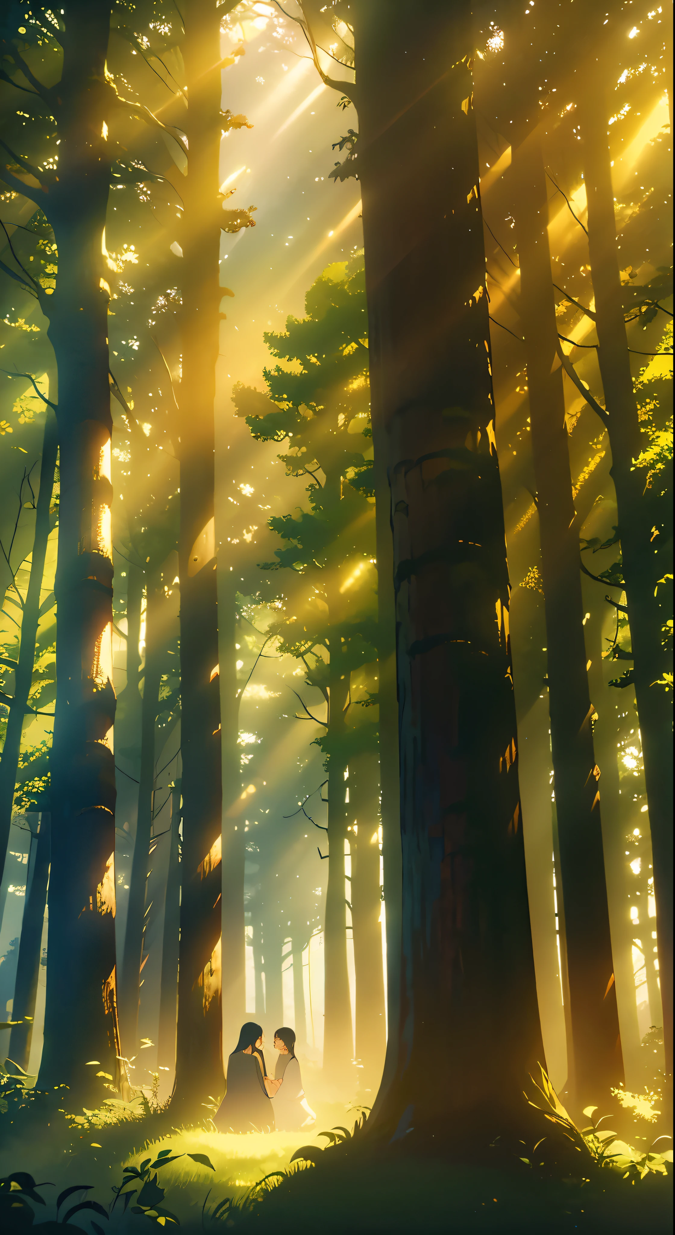 Description: In a secluded forest, a ray of sunlight pierces through the dense canopy, casting an ethereal glow on the forest floor. Amidst the towering trees, mysterious shadows seem to come alive, whispering secrets to those who dare to listen. Capture the enigmatic allure of these whispering shadows and the interplay between light and darkness in this mystical setting.