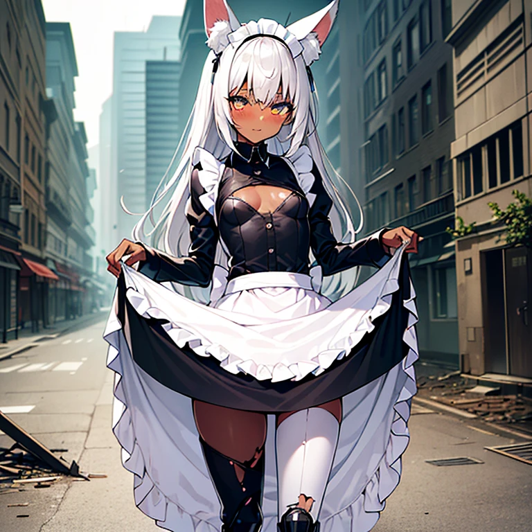 (Fox Girl, Fox Ears, Silver Hair, Fox Makeup, One Girl, Long Hair, Alone on the screen, dark skin, High definition, high resolution:1.6), (maid apron, Black and white clothes, skirt, Mechanical leg suit:1.8), (Body measurements are 75-60-75!, Young girl body, Small breasts, skirt hold, slender, muscle:1.9), Avatar, face, 色っぽいface, Dominant representation, naughty face, Uplifting, Skin Texture, outside, ruins, Ruined City, Broken Building, There are no people