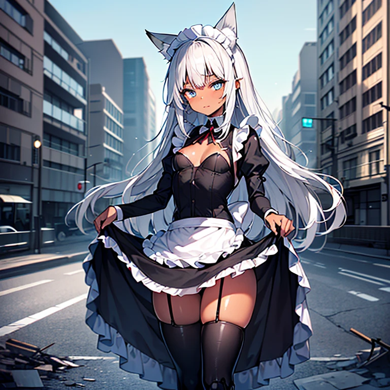 (Fox Girl, Fox Ears, Silver Hair, Fox Makeup, One Girl, Long Hair, Alone on the screen, dark skin, High definition, high resolution:1.6), (maid apron, Black and white clothes, skirt, Mechanical leg suit:1.8), (Body measurements are 75-60-75!, Young girl body, Small breasts, skirt hold, slender, muscle:1.9), Avatar, face, 色っぽいface, Dominant representation, naughty face, Uplifting, Skin Texture, outside, ruins, Ruined City, Broken Building, There are no people