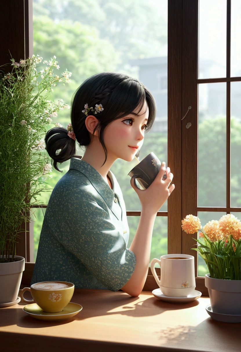 Tabletop,Highest quality,Tabletop,Highest quality,Official Art,Highly detailed CG Unity 8k wallpaper,A slightly retro color,Rice Print Style,figure,cute,One Girl,Flowers,window,flower pot,Drink coffee,. window辺に音符のイラストたくさん
