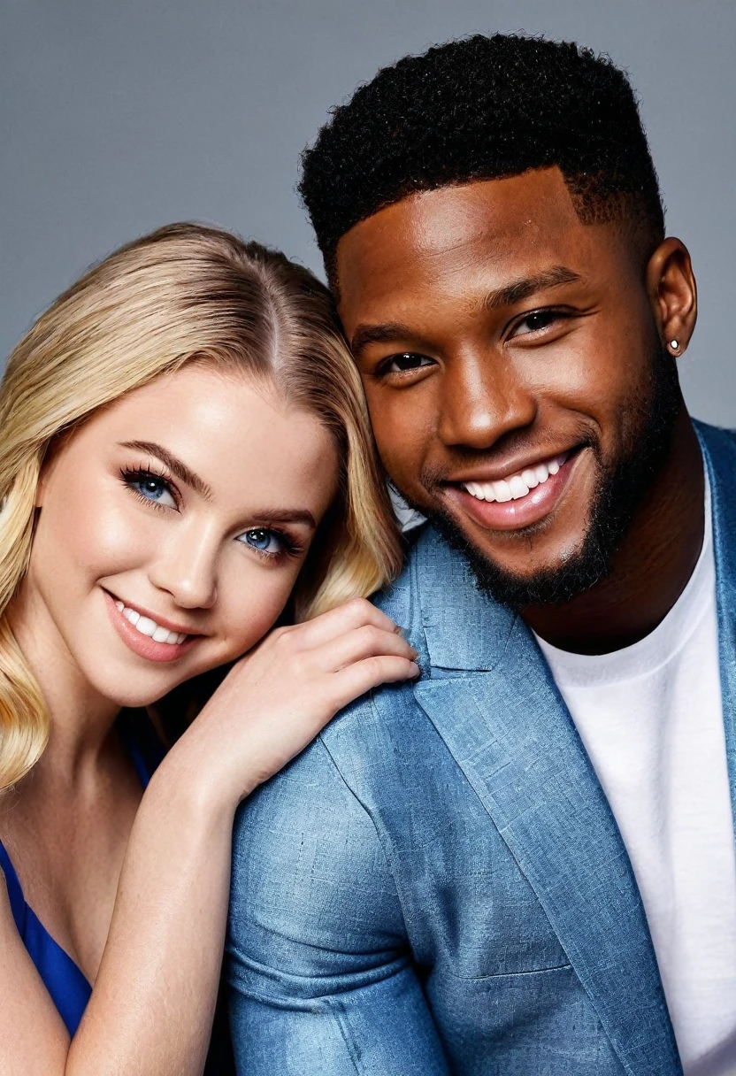 Sierra McCormick and a handsome African American male whose facial features are a combo of Kelvin Harrison, Jr. + Trevante Rhodes + Nathan Mitchell pose together for a photo. Both are 25 years old. Both are smiling. Both are attired attractively but casually for a date. Sierra has lovely makeup on her face. Daytime. Romantic ambiance. Symmetrical eyes. Symmetrical faces. Lovely details. Photorealistic. Full-colored photo. Professional photo. Highly detailed 8K.
