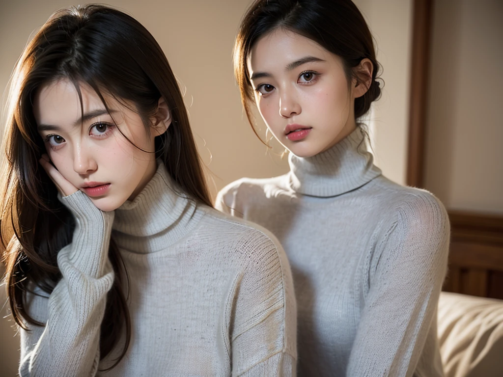(((masterpiece, best quality,ultra-detailed,8k,high resolution))), (upper body),24 years old ,Japanese girl, 1girl, short hair,(Cover face with a turtleneck sweater:1.8),grabbing turtleneck collar