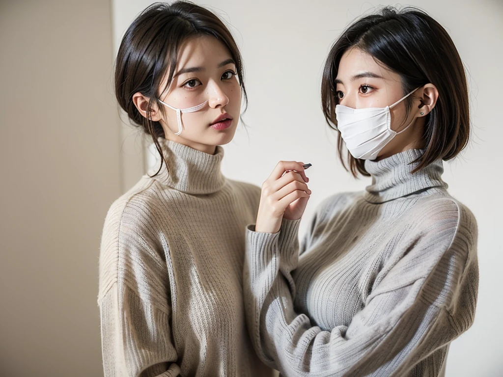 (((masterpiece, best quality,ultra-detailed,8k,high resolution))), (upper body),24 years old ,Japanese girl, 1girl, short hair,(Cover face with a turtleneck sweater:1.8),grabbing turtleneck collar