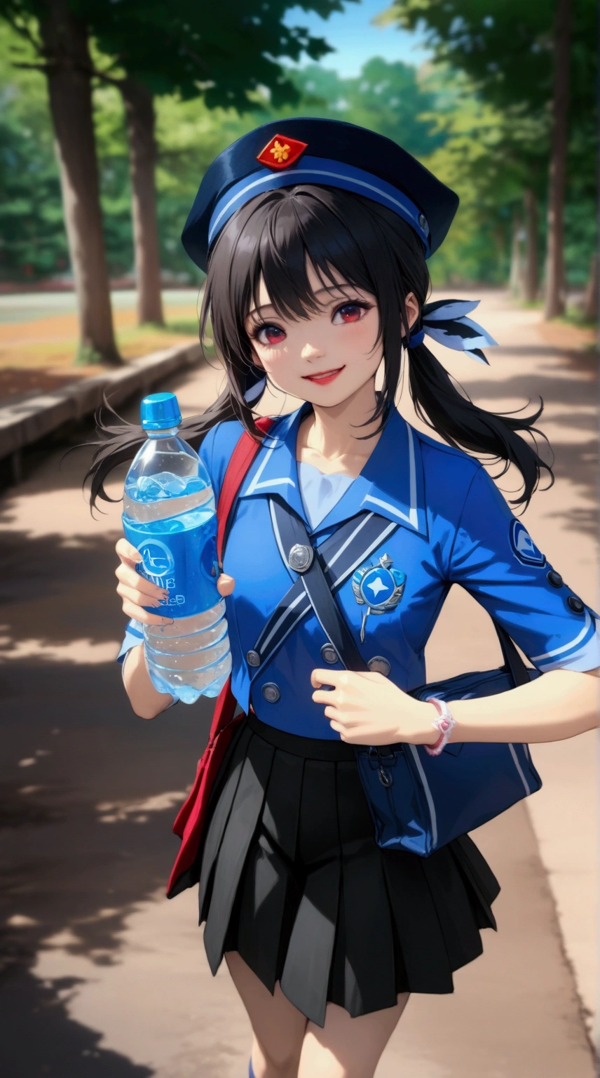 realistic anime illustration of pretty young girl in blue girl guide uniform, smiling and holding a plastic bottle of mineral water, black twin tail girl, she carrying tote bag, , autumn scenery, (1girl, solo,full body), (masterpiece, best quality)