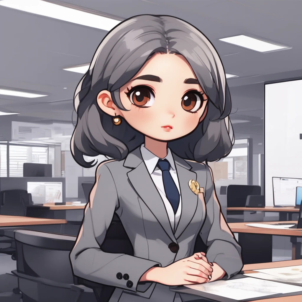 masterpiece, Highest quality, Very detailed,1 girl ,(chibi avatar:1.4),((Flat Design)),simple background, full body, standing,(forehead),(very short hair:1.3),((extra short)),brown hair,black eyes,((whitetunic blouse)),office lady,(gray blazer:1.5),(gray pants:1.2)