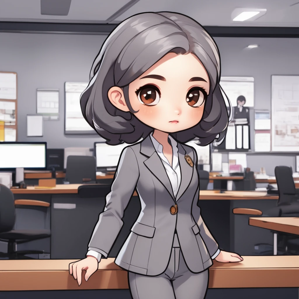 masterpiece, Highest quality, Very detailed,1 girl ,(chibi avatar:1.4),((Flat Design)),simple background, full body, standing,(forehead),(very short hair:1.3),((extra short)),brown hair,black eyes,((whitetunic blouse)),office lady,(gray blazer:1.5),(gray pants:1.2)  