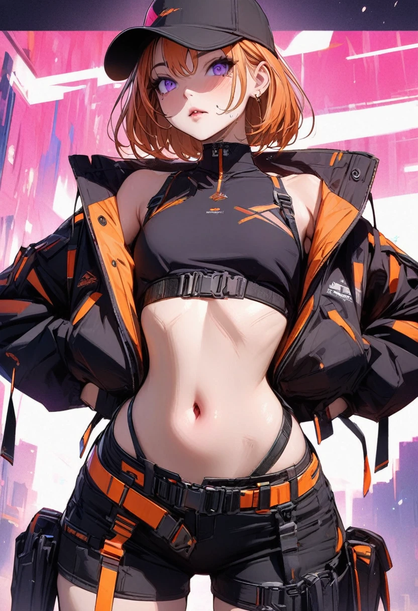 Young girl orange hair purple eyes cyberpunk exposed navel outfit high quality masterpiece complete facial details