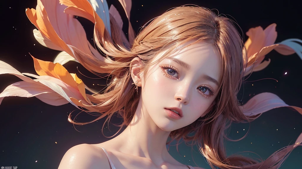 One girl, alone, flower畑, flower, (Official Art, unity 8k wallpaper, Super detailed, beautifully、aesthetic, masterpiece ,Highest quality:1.3), (Dynamic Angle:1.2), (Floating colorful sparkles:1) , elegant, Vibrant colors, Highly detailed face, Detailed eyes, Glowing Skin, Glossy Lips , Pale Orange Background,