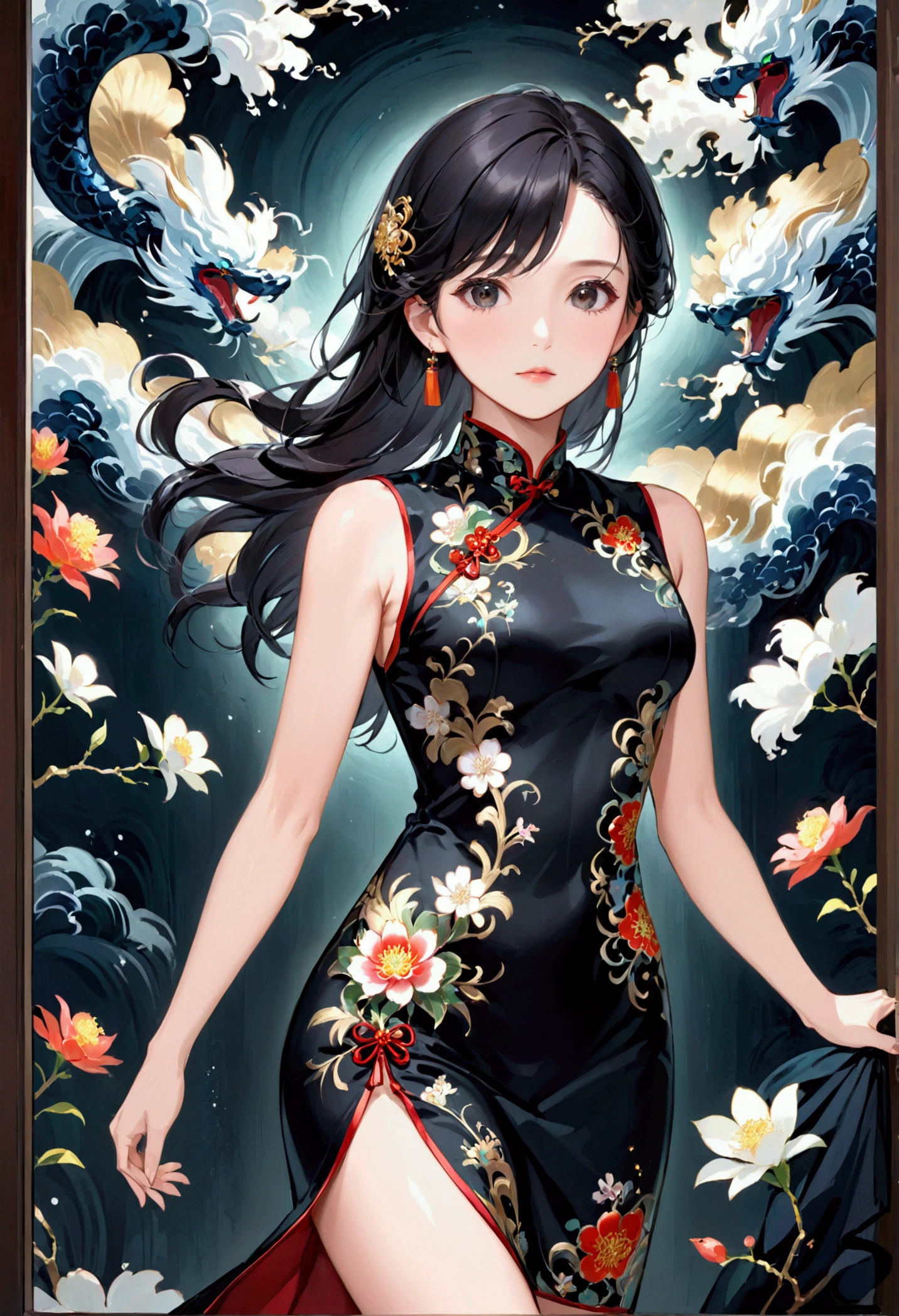 Mature Girl with dark onyx hair, dark onyx eyes,tall rectangular body figure, cheongsam