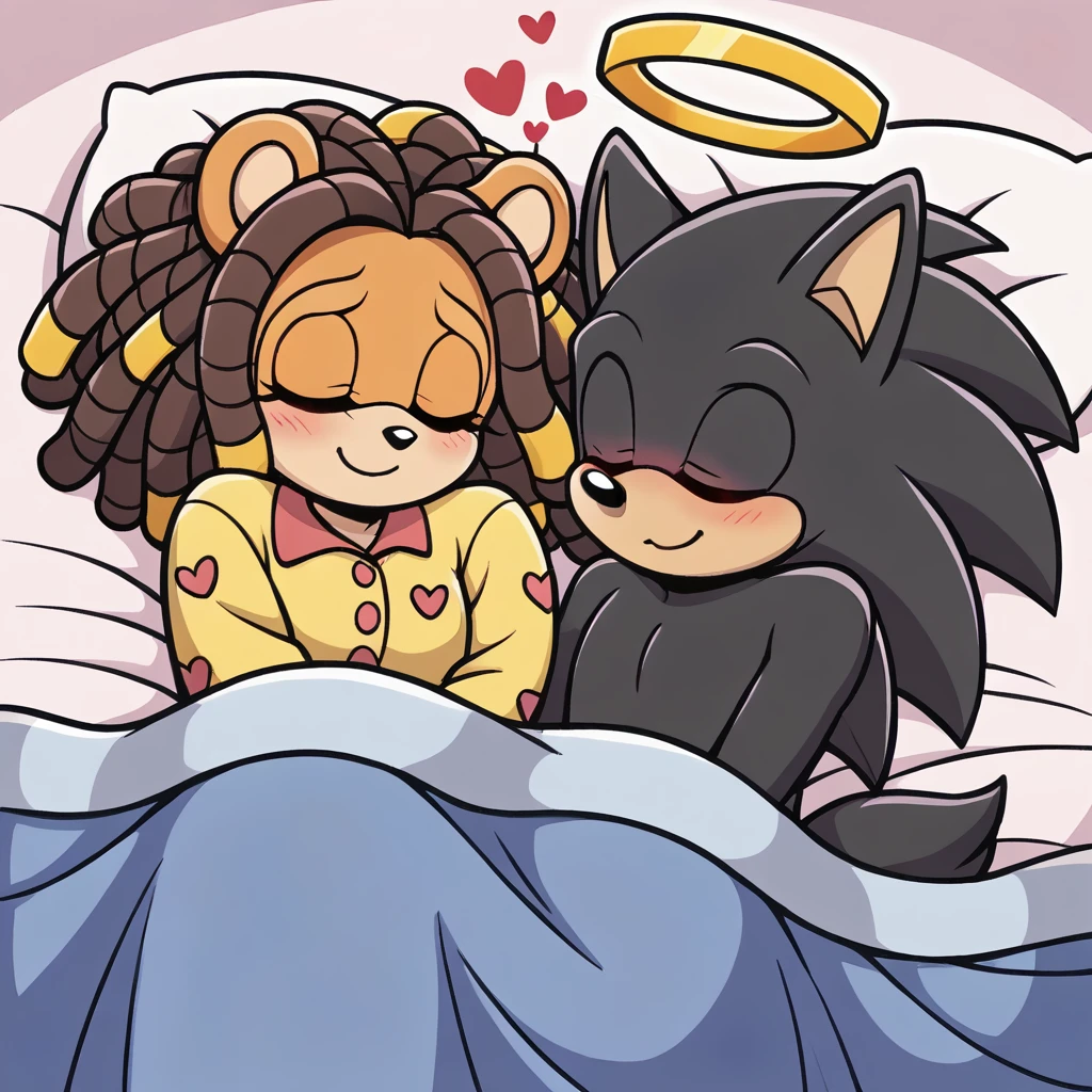 score_9, score_8_up, mobian, female, hedgehog, two-tone fur ((orange fur, brown fur)), pyjamas, two-tone hair (brown hair, black tip)), curly hair, halo, red eyes, longeyelashes, red eyes, smile, shy, blush, laying in bed, sleeping, hearts, under blankets, smile, mouth closed, closed eyes, female/male, mobian, anthro wolf, wolf tail, (((black body fur)))+++, (dreadlocks), brown eyes, Wearing Pajamas, cute, closed eyes, laying in bed, hearts