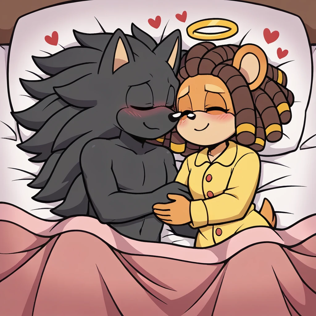 score_9, score_8_up, mobian, female,  hedgehog, two-tone fur ((orange fur, brown fur)), pyjamas, two-tone hair (brown hair, black tip)), curly hair, halo, red eyes, longeyelashes, red eyes, smile, shy, blush, laying in bed, sleeping, hearts, under blankets, smile, mouth closed, closed eyes,  female/male, mobian, anthro wolf, wolf tail, (((black body fur)))+++, (dreadlocks), brown eyes, Wearing Pajamas, cute, closed eyes,  laying in bed,  hearts