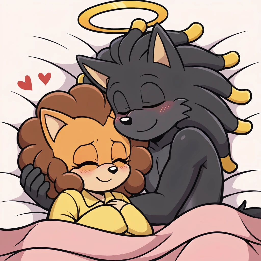 score_9, score_8_up, mobian, female, hedgehog, two-tone fur ((orange fur, brown fur)), pyjamas, two-tone hair (brown hair, black tip)), curly hair, halo, red eyes, longeyelashes, red eyes, smile, shy, blush, laying in bed, sleeping, hearts, under blankets, smile, mouth closed, closed eyes, female/male, mobian, anthro wolf, wolf tail, (((black body fur)))+++, (dreadlocks), brown eyes, Wearing Pajamas, cute, closed eyes, laying in bed, hearts