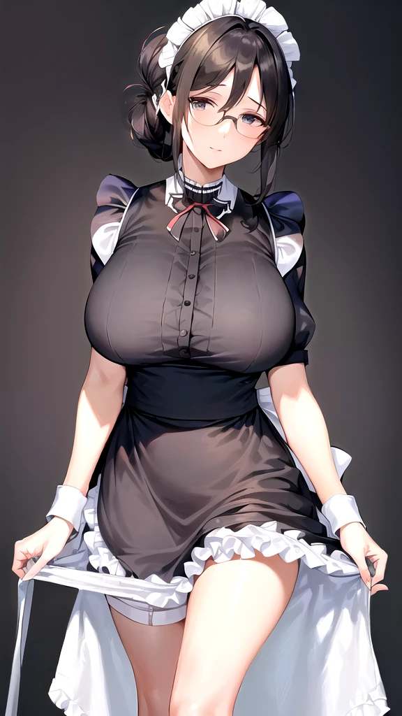 {{masterpiece}},high quality, 4K, 2D,1 girl,{simple gray background},(45 year old woman,mature female:1.5),standing,(sagging breasts:0.4),(gigantic breasts:1.3),(maid:1.5), black hair,(chignon:1.2),1 braid,impossible clothes, {from right in front of face and body},{front facing shot},Wear glasses,(curtsy:1.5)