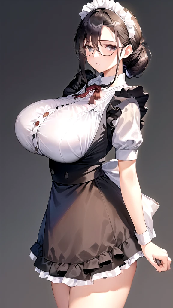 {{masterpiece}},high quality, 4K, 2D,1 girl,{simple gray background},(45 year old woman,mature female:1.5),standing,(sagging breasts:0.4),(gigantic breasts:1.3),(maid:1.5), black hair,(chignon:1.2),1 braid,impossible clothes, {from right in front of face and body},{front facing shot},Wear glasses,(curtsy:1.5)