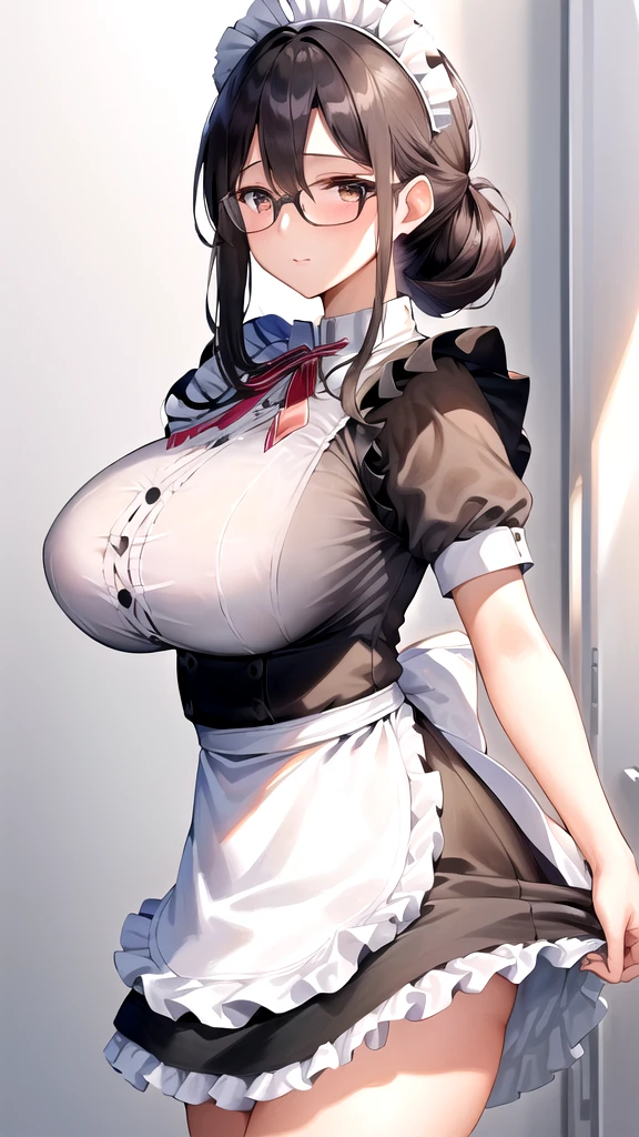 {{masterpiece}},high quality, 4K, 2D,1 girl,{simple gray background},(45 year old woman,mature female:1.5),standing,(sagging breasts:0.4),(gigantic breasts:1.3),(maid:1.5), black hair,(chignon:1.2),1 braid,impossible clothes, {from right in front of face and body},{front facing shot},Wear glasses,(curtsy:1.5)