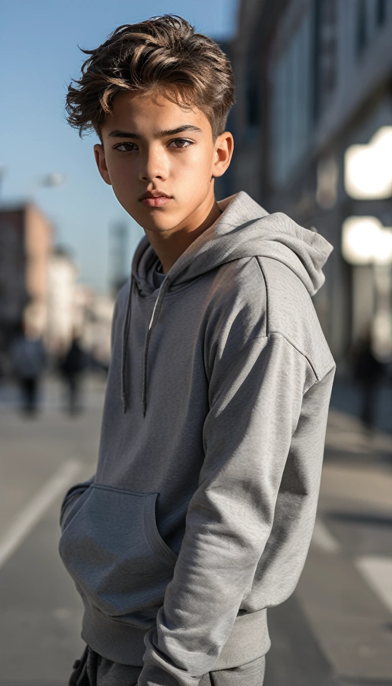 dynamic pose, dynamic angle,  morning lighting, looking at the camera, 1boy in grey hoodie, street fashion, , High-quality DSLR snapshots, High-definition film grain photo taken at f/16, ISO 100, With 200mm lens, 