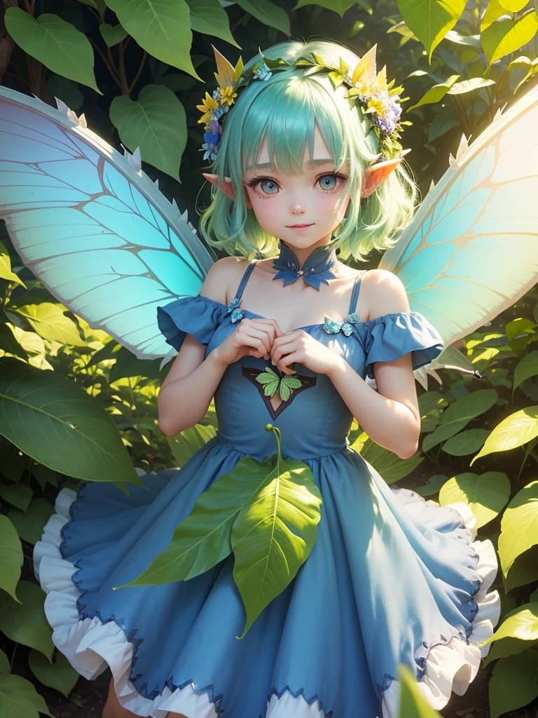 cute  Fairy, blue butterfly, yellowgreen hair, pink eyes,  dress pointy ears dress made of petals leaves Leaning forward Leaf fairy Dress made of leaves Leaf Flower Flower crown Thin wings Smiling gently Large leaf