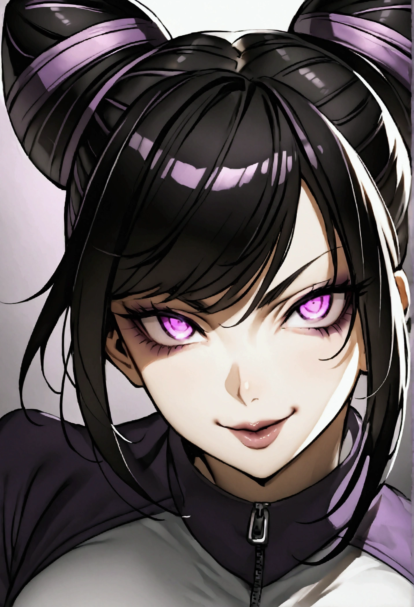 dark eye shadow,shining eyes,beautiful young fitness woman with , in a gym wearing May with black pantyhose, tight white and purple gym jacket. standing alone,hair horns,glowing purple eyes,Evil smile,legging preto ,labiaa,dark eye shadow,shining eyes,close up
