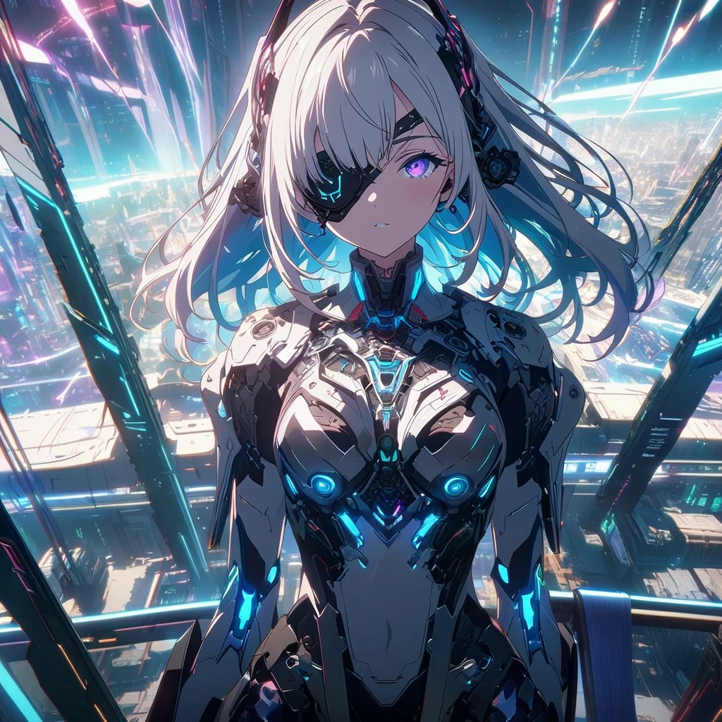 short, With light-colored hair、Wears advanced armor with intricate designs and glowing elements。. I can see with one eye、The other eye is covered with an eyepatch, Her body is fitted with mechanical parts., (nude:0.9), Especially the arms and torso. . Blue light emitting sphere, Cyberpunk elements, Sci-Fi Fashion, Machine Details, Futuristic costume, High-tech fashion, Beautiful face with attention to detail| Anime Style| Key Visual| Intricate details| Very detailed| Breathtakingly beautiful| Vibrant| Panorama| Cinematic| Beautiful composition| I receive 8k