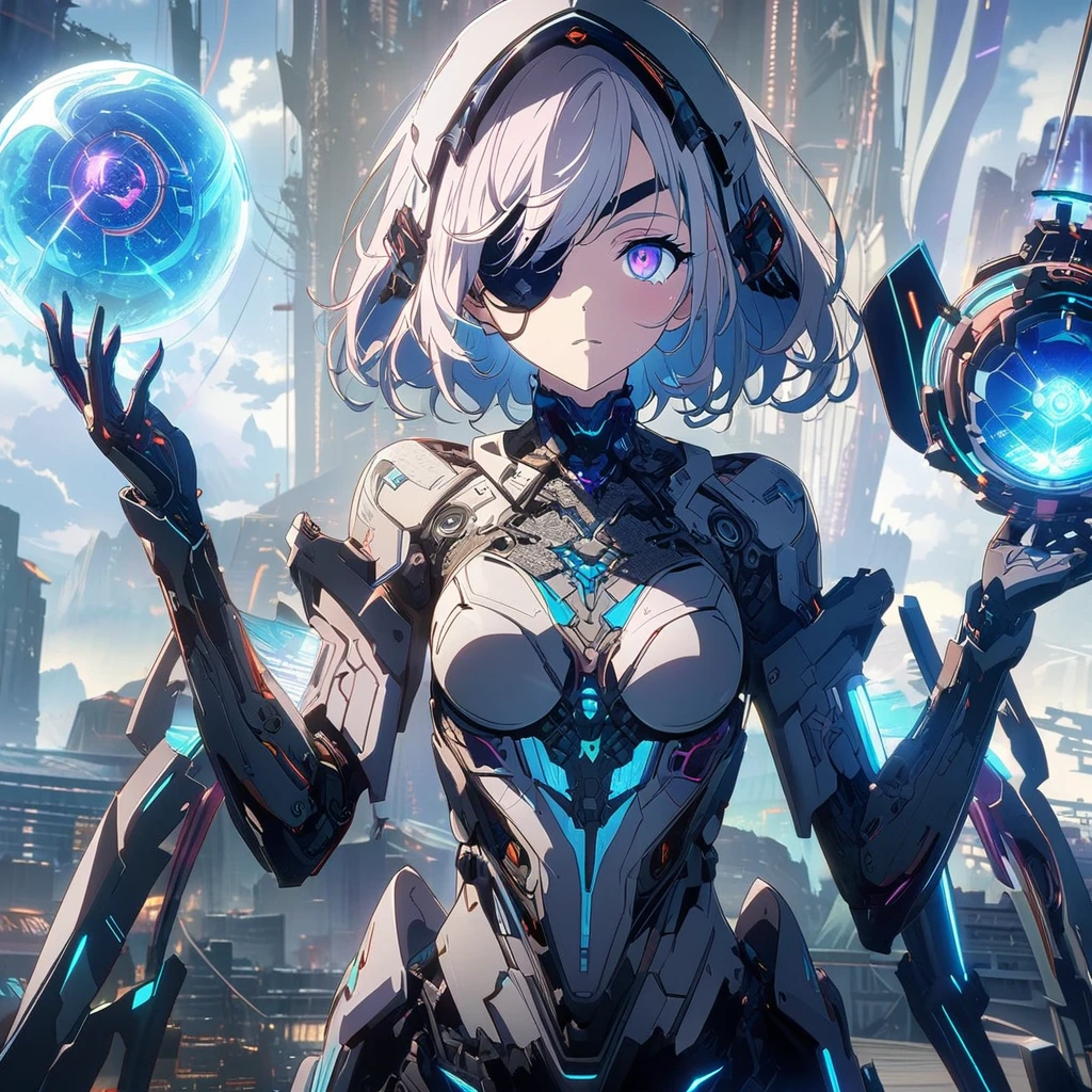 short, With light-colored hair、Wears advanced armor with intricate designs and glowing elements。. I can see with one eye、The other eye is covered with an eyepatch, Her body is fitted with mechanical parts., (nude:0.9), Especially the arms and torso. . Blue light emitting sphere, Cyberpunk elements, Sci-Fi Fashion, Machine Details, Futuristic costume, High-tech fashion, Beautiful face with attention to detail| Anime Style| Key Visual| Intricate details| Very detailed| Breathtakingly beautiful| Vibrant| Panorama| Cinematic| Beautiful composition| I receive 8k