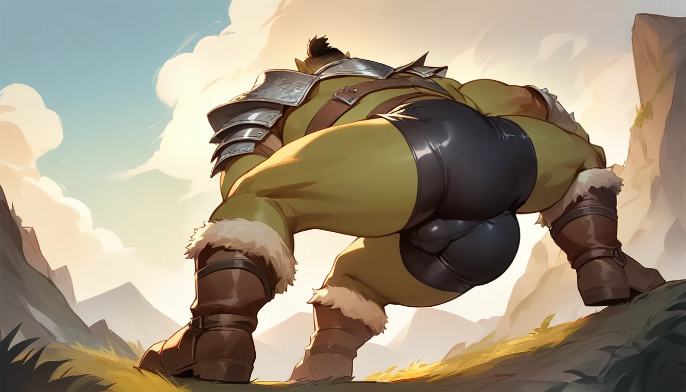 score_9, score_8_up, score_7_up, solo, male focus, chubby male, orc, green skin, tusks, beard, outdoors, armor , shoulder armor, breastplate, day, boots armor , (( black micro tight shorts )) , full body , backside , back side , laying spread legs , low-angle