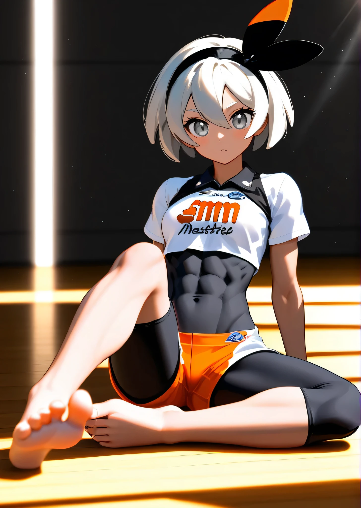 [bea], [pokemon], ((masterpiece)), ((HD)), ((high res)), ((solo portrait)), ((full body)), ((front view)), ((foot focus)), ((detailed shading)), ((beautiful render art)), ((intricate details)), {(athletic figure), (dark-toned skin), (cute grey eyes), (short eyelashes), short white hair, (curvy hips), (defined muscles), (beautiful toned legs), (beautiful feet), (cute toes), (blank expression)}, {(white shirt), (midriff), (bodysuit under clothes), (orange print shorts), (black hairband)}, {(sitting on floor), (looking at viewer)}, [ambient lighting, gym, lights, light rays]