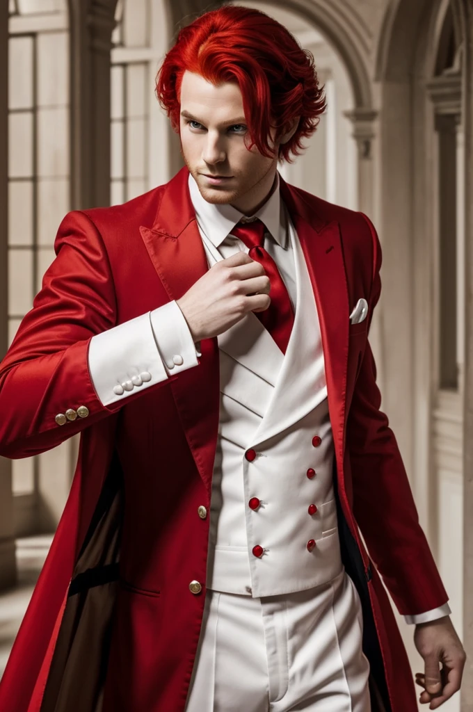 Make a red king like the one from Alice in Wonderland with the following characteristics. Whole body, Red hair, White skin, extravagant red suit with red hearts like poker cards.