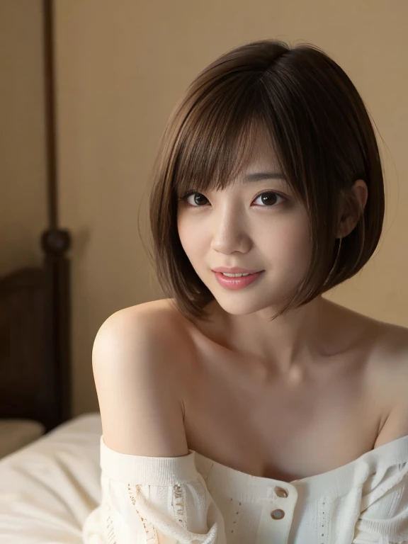 Smiling girl, (1 female), Short Bob Hair, 28 years old, Japanese, Brown eyes, Brown Hair, Slim figure, Flat Chest, (Shocked, surprised, Confused): 1.5,
On the bed,Off the shoulder