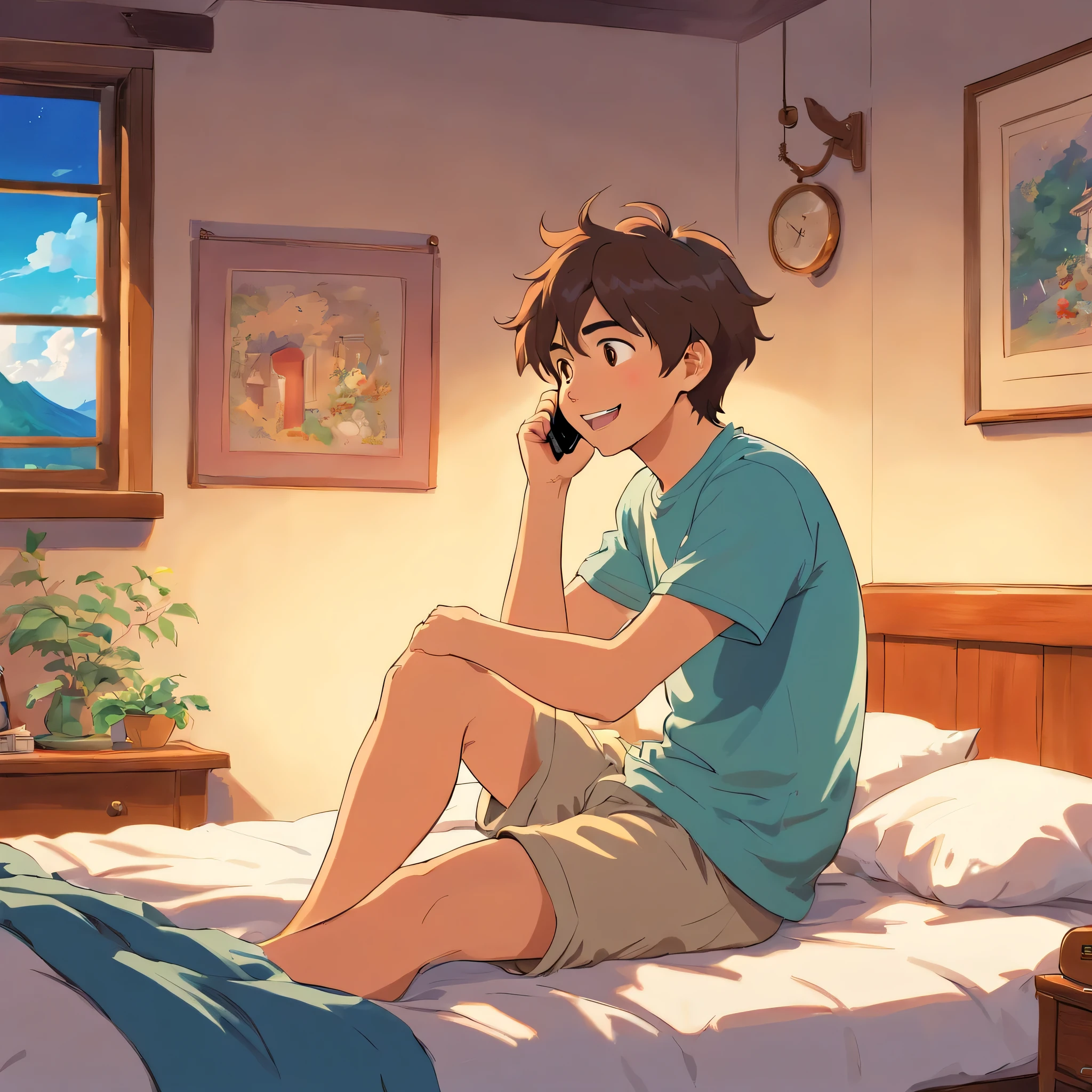 A 22 year old boy talking to his girlfriend on a phone call in his room sitting on his bed and looking happy