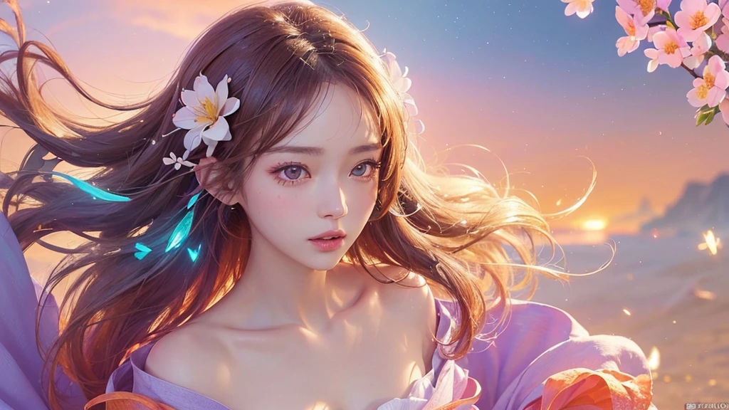 One girl, alone, flower畑, flower, (Official Art, unity 8k wallpaper, Super detailed, beautifully、aesthetic, masterpiece ,Highest quality:1.3), (Dynamic Angle:1.2), (Floating colorful sparkles:1) , elegant, Vibrant colors, Highly detailed face, Detailed eyes, Glowing Skin, Glossy Lips , Pale Orange Background,