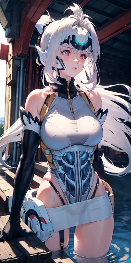 realistic, 1girl, ponytail, parted lips, blush, makeup, light smile, white hair, sportswear, skirt, wet clothes, glow, thighs, purple eye, bare shoulders, collarbone, narrow waist, sunbeam, sunlight, rose, wind, cleavage, (masterpiece), sweat,